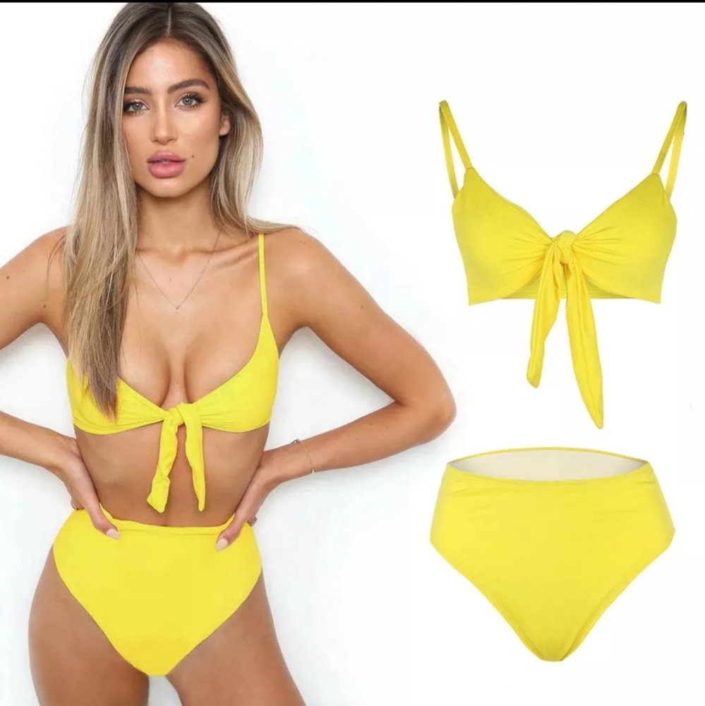 High Waist Front Tie Cheeky Bikini Yellow